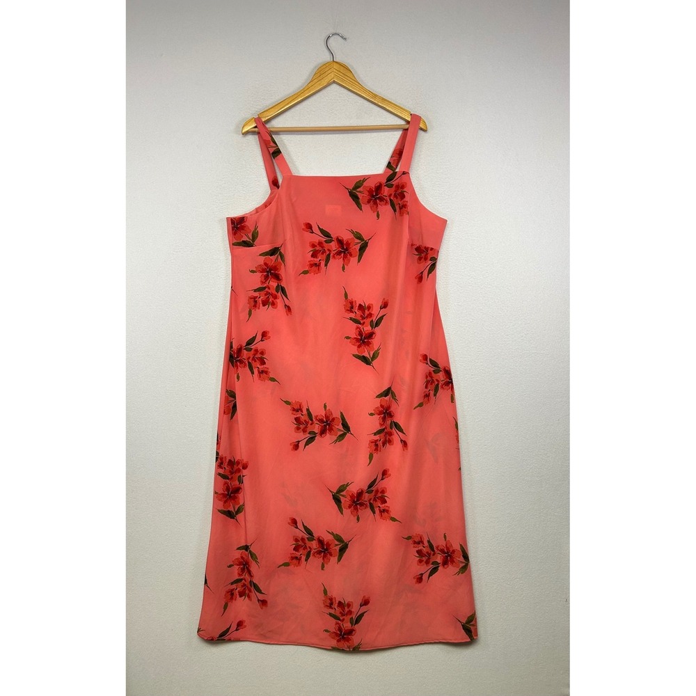 Garden Party Expressions 22W Coral Pink Floral Square Neck Midi Dress 902223DK